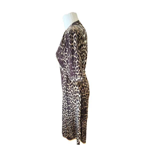 Tahari Wrap Small Dress Woman Brown Leopard Print 3/4 Sleeve V-Neck Tie Waist - Picture 7 of 9